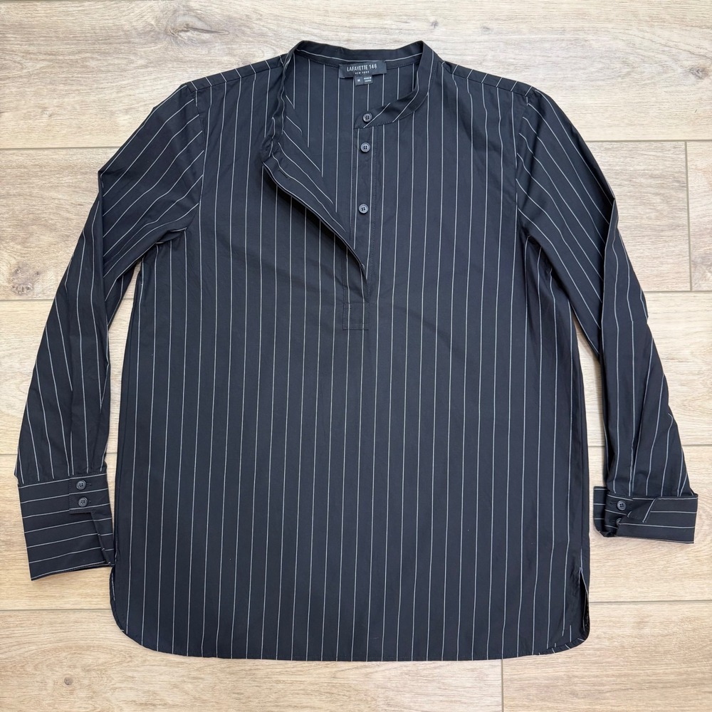 Lafayette 148 New‎ York Womens Black Pinstripe Mandarin Collar Henley Shirt M